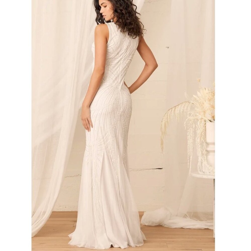 Lulu's White Beaded V-Neck Wedding Dress - Picture 5 of 10